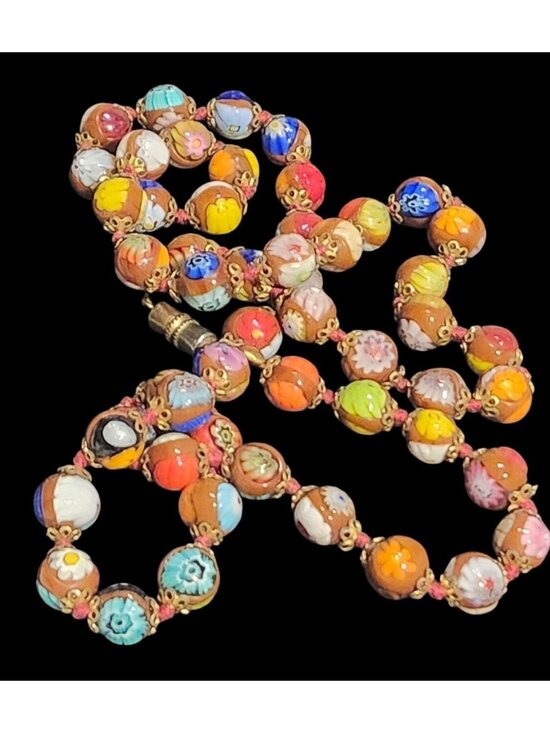 None Jewelry - Vintage Italian Millefiori Glass Bead Necklace Gold-Tone Filigree End Caps